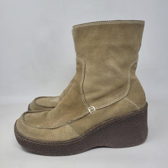 Vintage Bongo Boots 8 Tan Brown Suede Platform Wedge 90s Y2K Retro Chunky Ankle - Picture 8 of 12